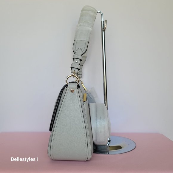 KATE SPADE Hudson Pebbled Leather Medium Flap Convertible Shoulder Bag-Platinum⭐ - Picture 7 of 16